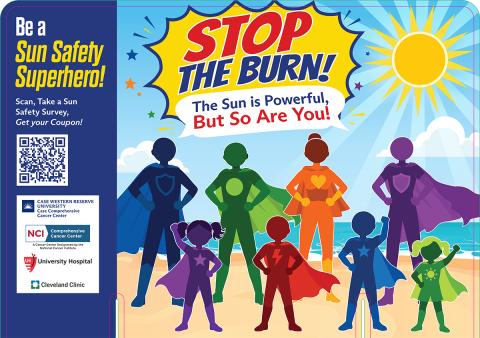 Illustrated Stop the Burn sun safety sign with colorful superhero silhouettes on a beach, a QR code for a sun safety survey, and the message, ‘The Sun is Powerful, But So Are You!’