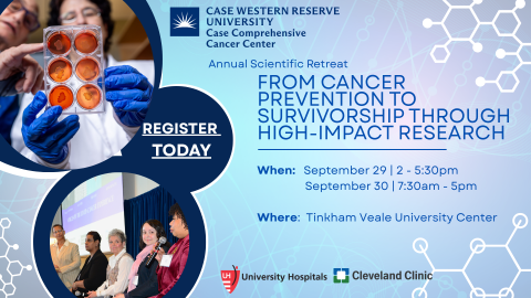 Case Western Reserve University Case Comprehensive Cancer Center invites you to the Annual Scientific Retreat 2026: From Cancer Prevention to Survivorship Through High-Impact Research. When: September 29, 2:00-5:30 pm and September 30, 7:30 am-5:00 pm. Where: Tinkham Veale University Center.