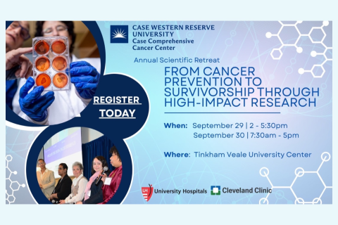 Case Western Reserve University Case Comprehensive Cancer Center invites you to the Annual Scientific Retreat 2026: From Cancer Prevention to Survivorship Through High-Impact Research. When: September 29, 2:00-5:30 pm and September 30, 7:30 am-5:00 pm. Where: Tinkham Veale University Center.