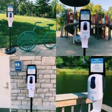 collage of portable sunscreen dispensers in different parks