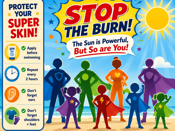 Illustrated sun safety poster showing superhero-themed adults and children on a beach with reminders to use SPF 50 sunscreen, reapply every two hours, and protect the ears, shoulders, and feet to help prevent sunburn.