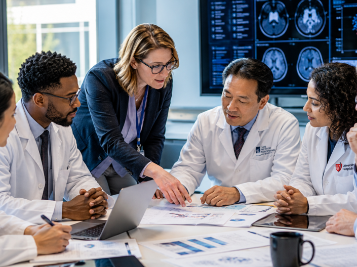 Researchers and physicians from multiple institutions collaborating on cancer research and patient care initiatives.