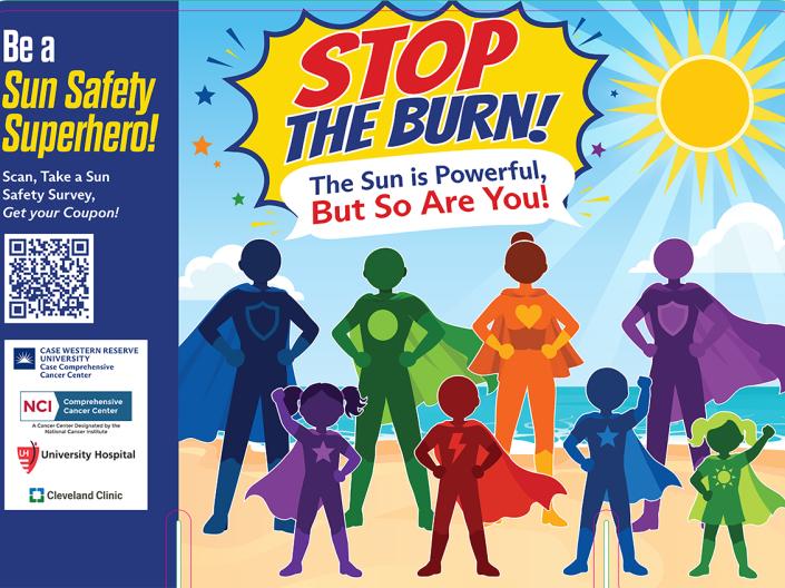 Illustrated Stop the Burn sun safety sign with colorful superhero silhouettes on a beach, a QR code for a sun safety survey, and the message, ‘The Sun is Powerful, But So Are You!’