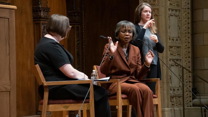 Anita Hill speaking with Angela Clark-Taylor featuring an ASL interpreter