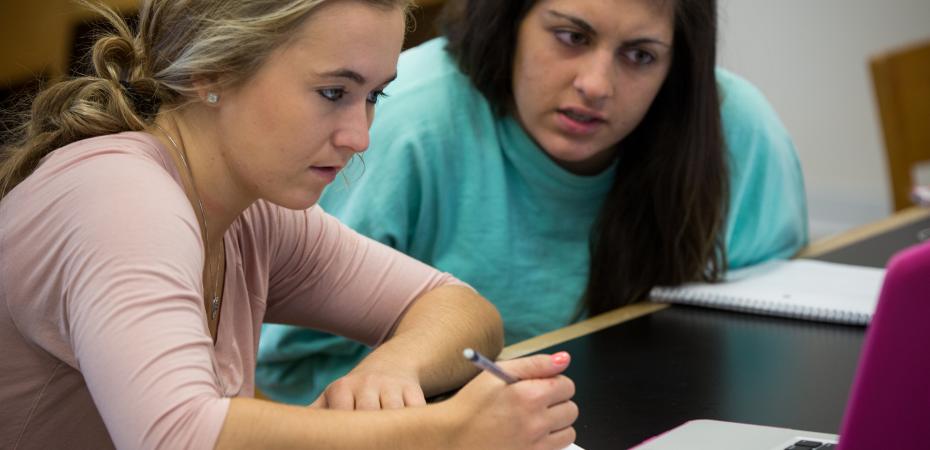 Two students talking and looking at a computer