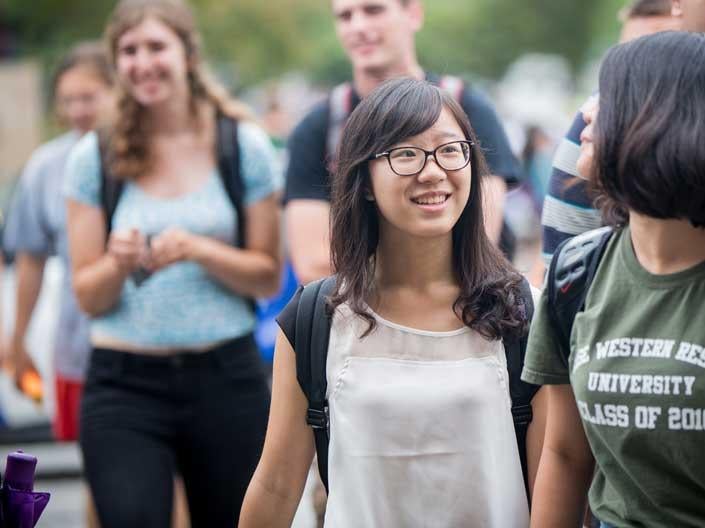 Case Western Reserve University female students walking on campus