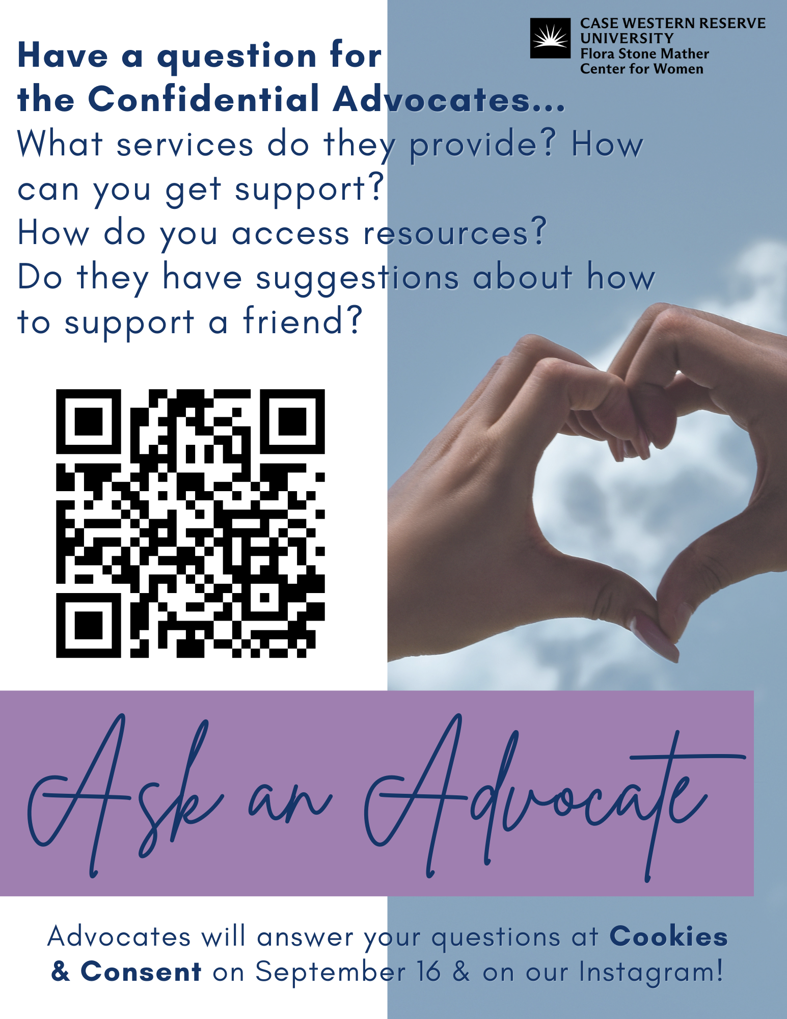 Ask an advocate flyer with QR code and image of hands in the shape of a heart