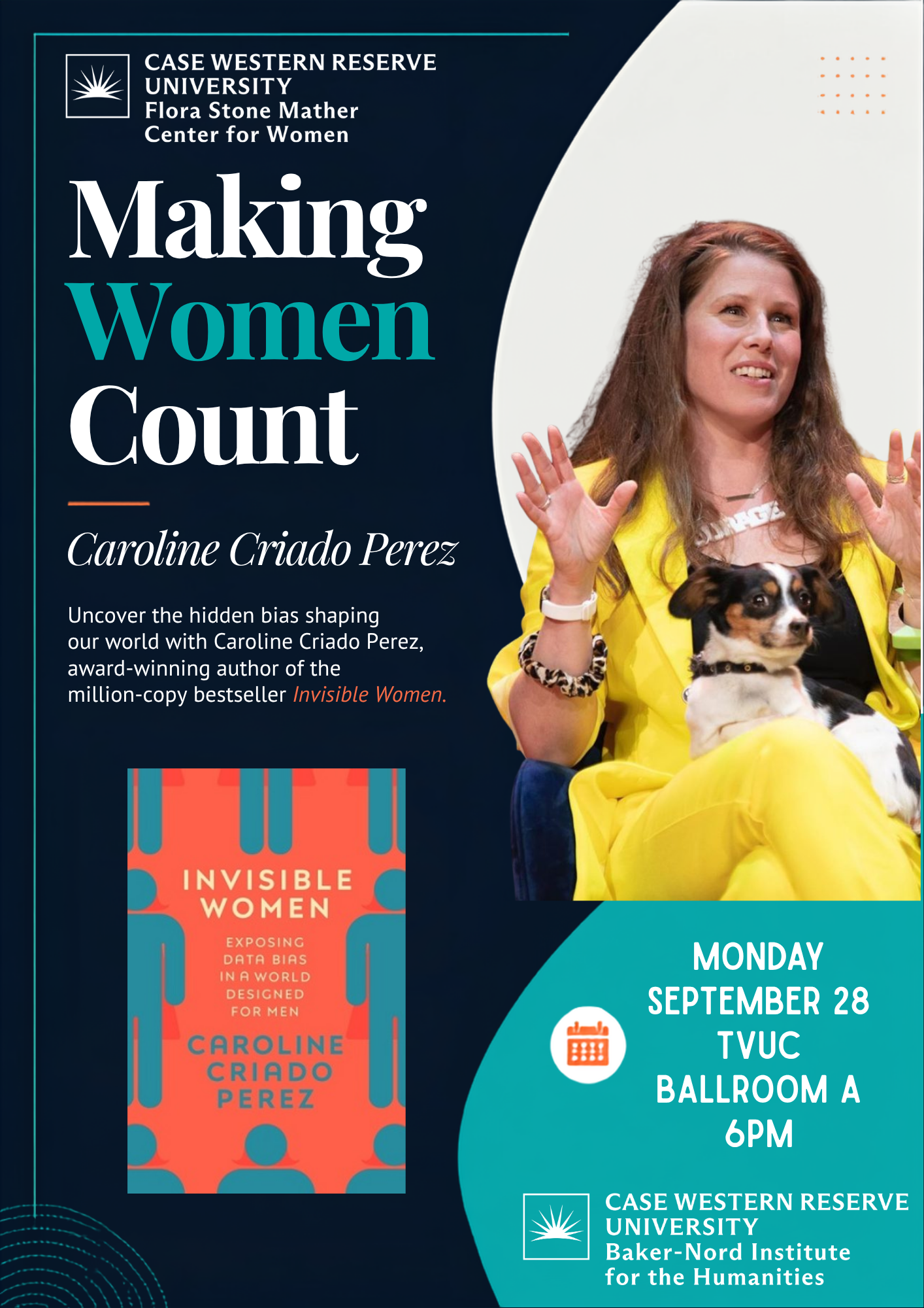 Event flyer for lecture with Caroline Criado Perez called Making Women Count. Her photo as well as a photo of her latest book Invisible Women is included.