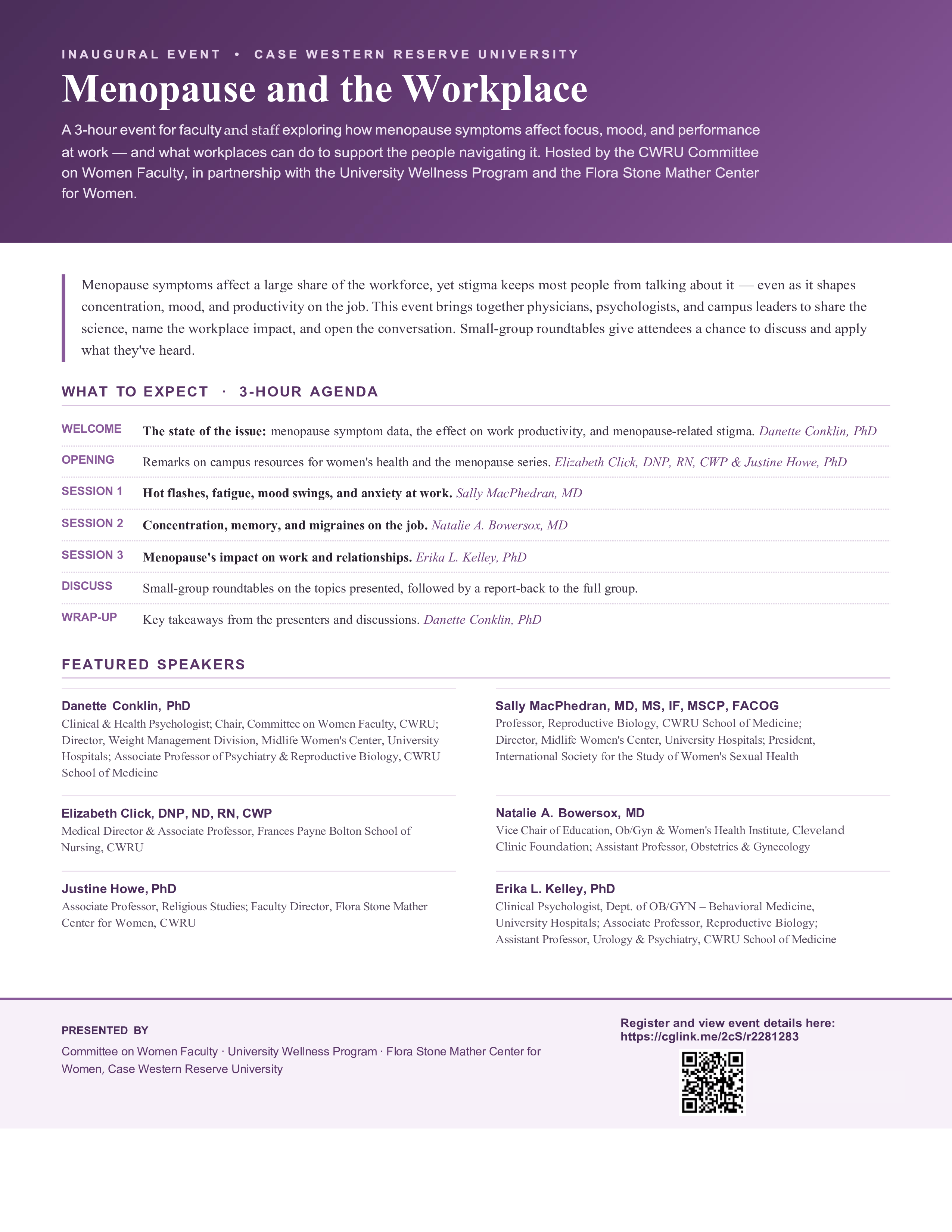 Flyer detailing the agenda for the Menopause and the Workplace event. Guest speakers are also listed