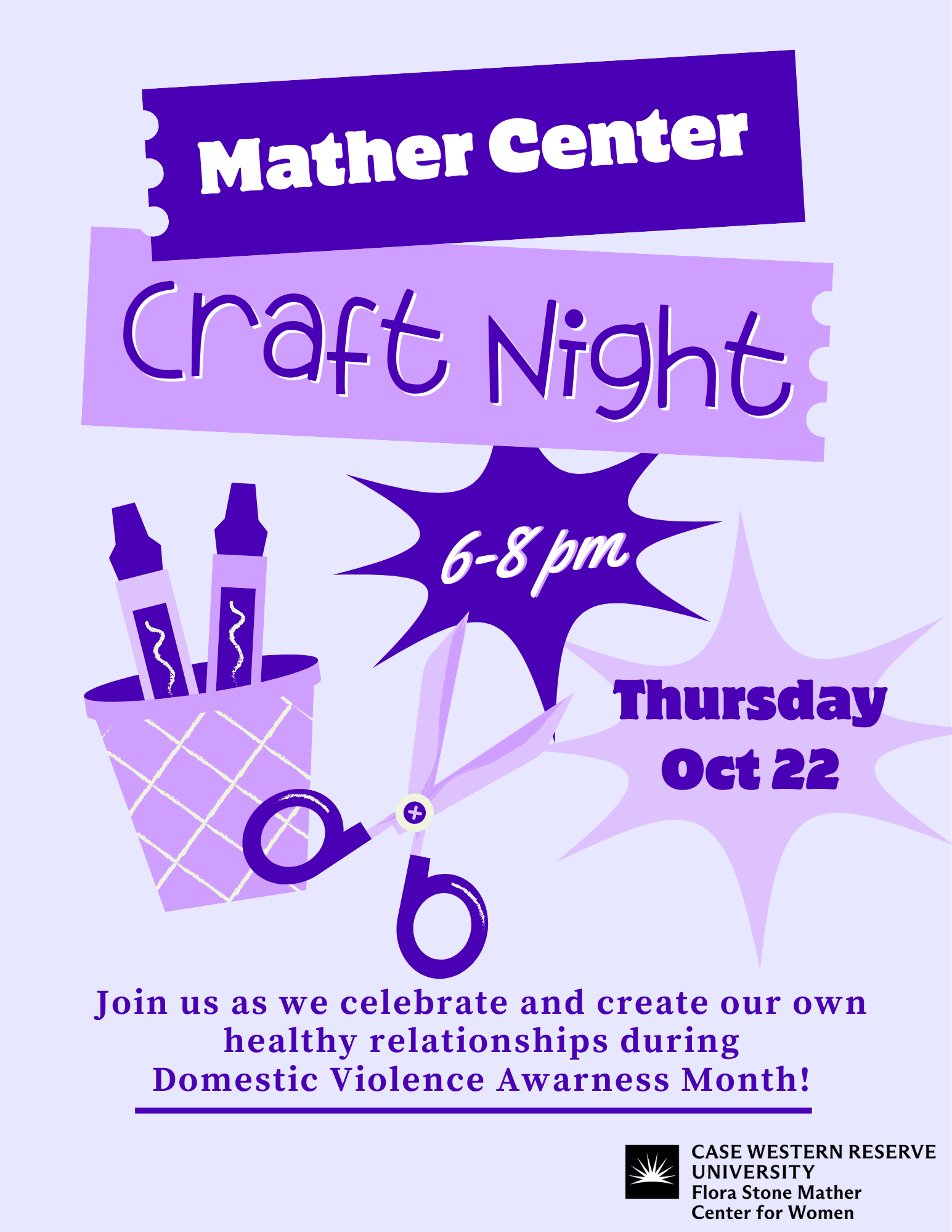 Mather Center Craft Night Flyer showing crafting supplies 
