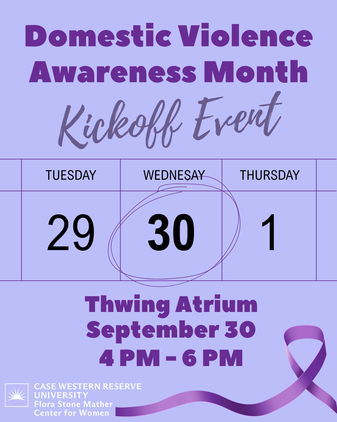 DVAM Kickoff Flyer, purple calendar highlighting Wednesday, Sept 30 for DVAM Kickoff in Thwing Atrium