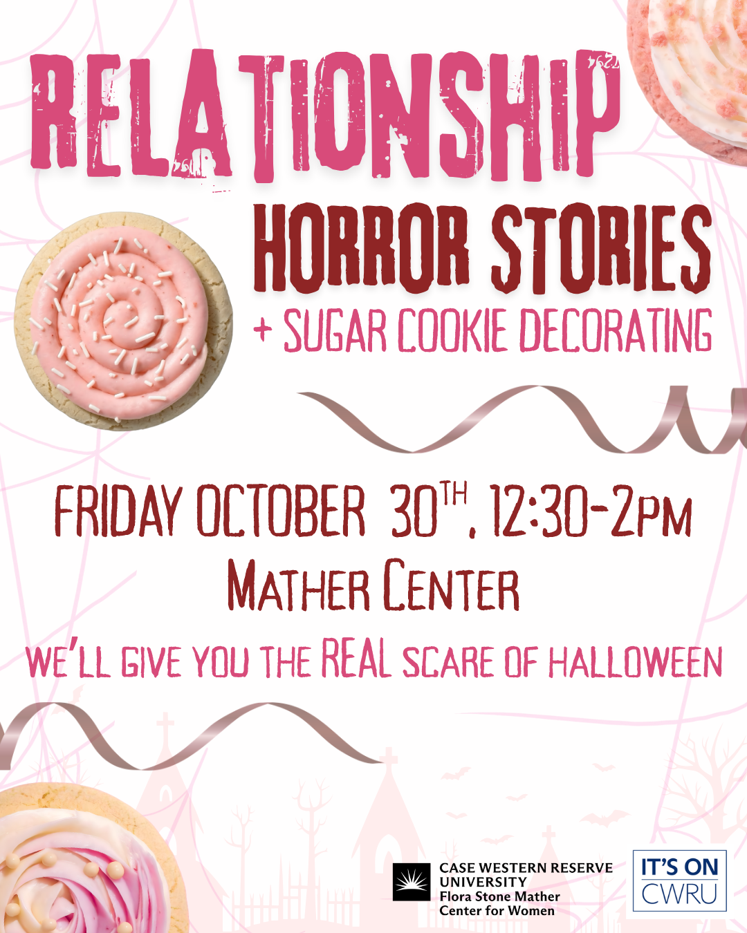 Relationship Horror Stories Flyer with pink cookies