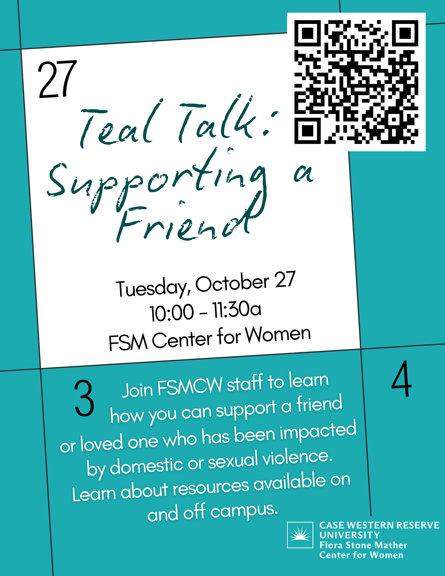Teal Talk: Supporting a Friend Flyer. Teal calendar with Oct 27th highlighted