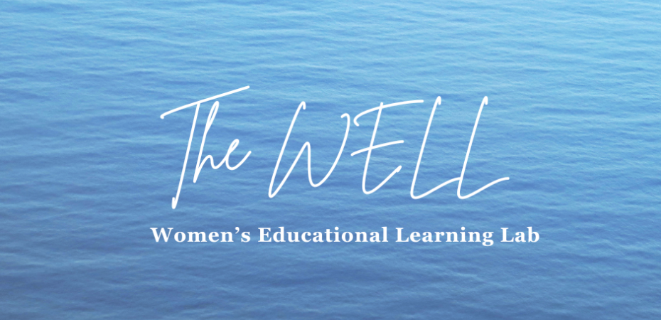 Blue water background with text: The WELL - Women's Educational Learning Lab