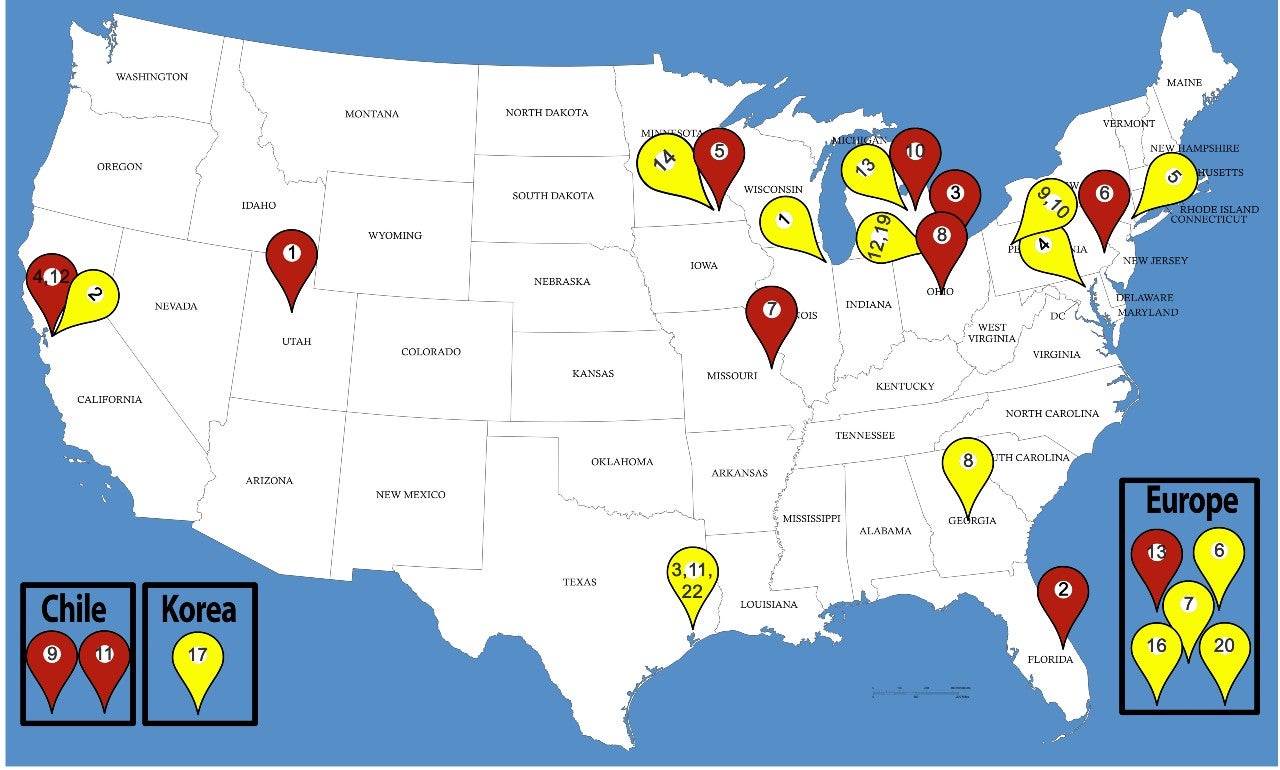 United States map with service project locations marked in yellow and red.