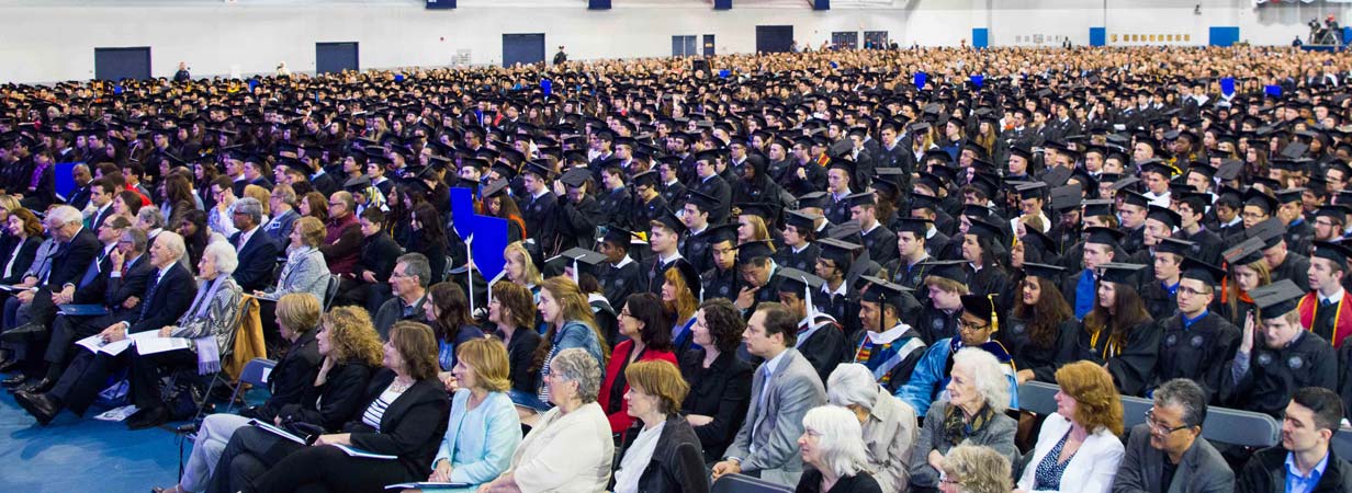 A wide view of the CWRU convocation at the Veale Convocation Center.