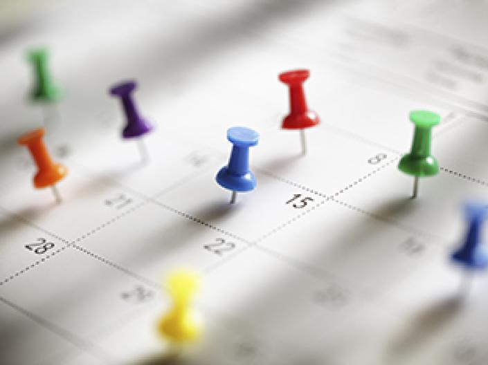 Multi-colored push pins stuck onto a calendar.