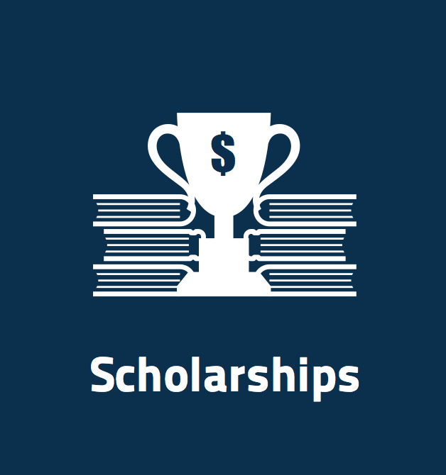 Scholarships button featuring a trophy with a dollar sign flanked by two stacks of books