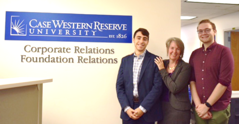 CWRU Assistant Vice President for Strategic Planning and Corporate Relations Anne Borchert and Humanites@Work Interns Richard (left) and Cameron (right)