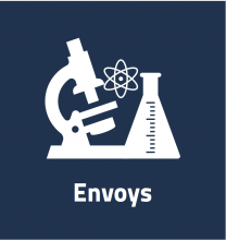 Button featuring microscope, beaker, and atomic symbol, text reads: Envoys