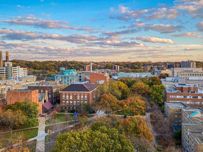 Aerial view of CWRU campus and downtown Cleveland