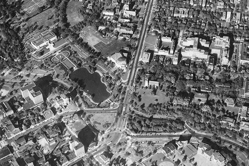 Black and white historical photo of an aerial view of what is now Case Western Reserve University’s campus