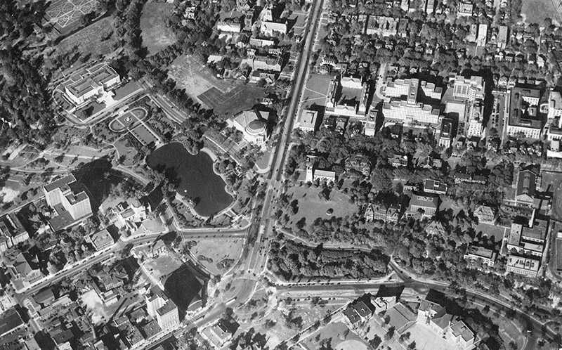 Black and white historical photo of an aerial view of what is now Case Western Reserve University’s campus