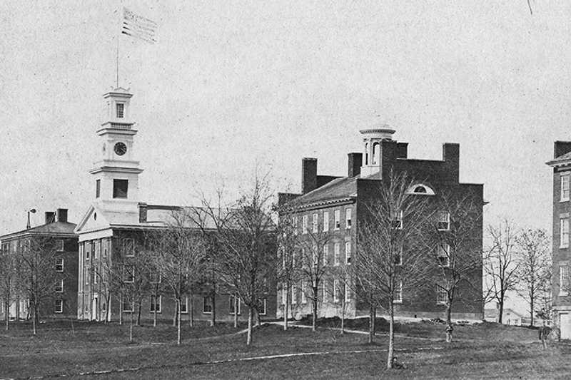 Black and white photo of a building on the Western Reserve campus