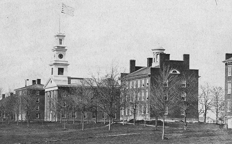 Black and white photo of a building on the Western Reserve campus