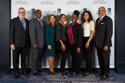 President Eric W. Kaler, left, and CWRU School of Dental Medicine Dean Kenneth B. Chance, DDS (DEN ’79), right, with Celebration of Philanthropy event attendees