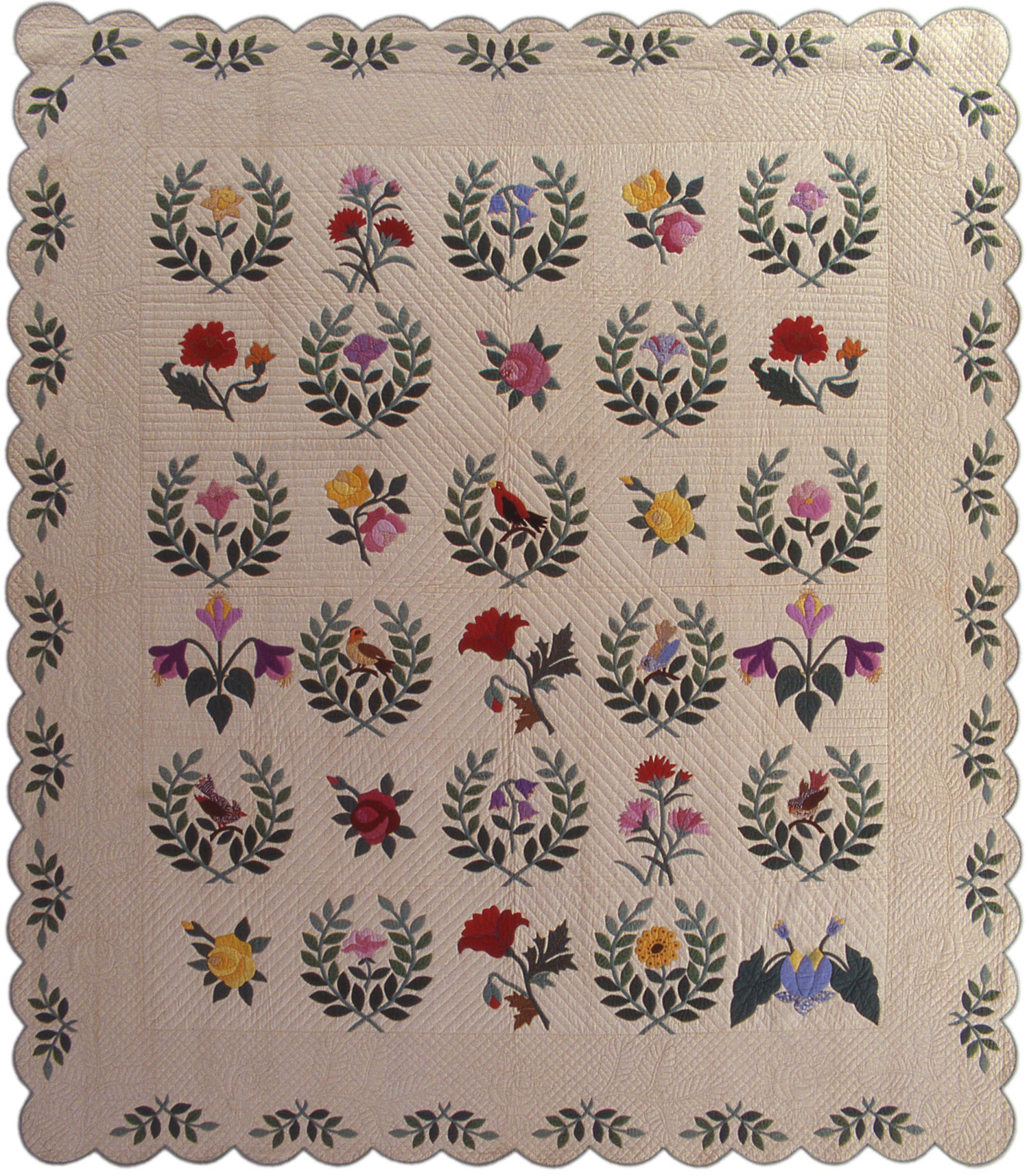 A 1935 quilt made with a "Nancy Page" laurel wreath quilt pattern