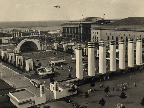 Aerial view of the main entrance to the Great Lakes Exposition, Sherwin-Williams Plaza, Cleveland Convention Center, and Cleveland City Hall