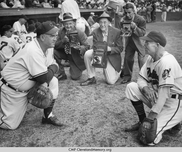Cleveland photographers with Cleveland Indians manager Steve O'Neill (left) and legendary Cleveland player Stan Coveleski (right)