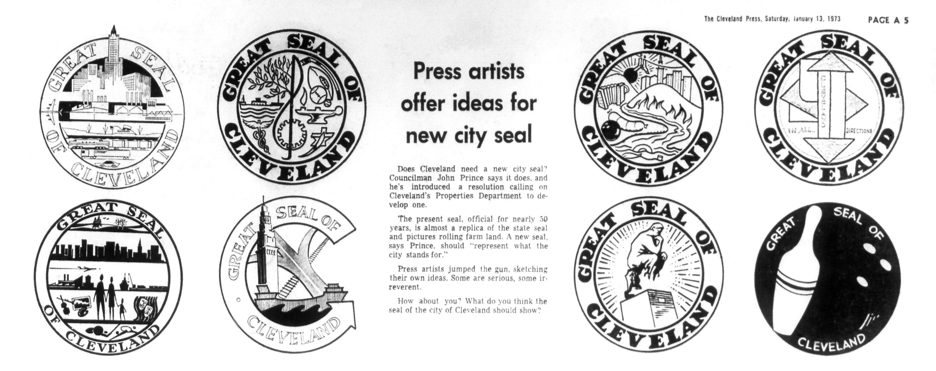 Cleveland city seals, as designed by the artists of the Cleveland Press, January 13, 1973