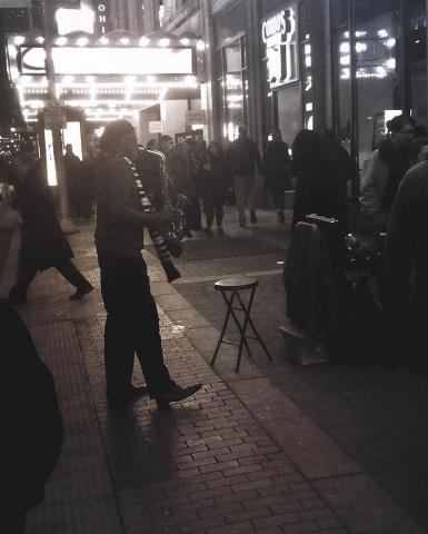 Image of street musician Maurice Reedus, jr. on the sidewalks of playhouse square