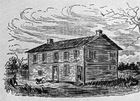 A black and white sketch of the first Cuyahoga County Courthouse and Jail which was housed in a two-story log cabin