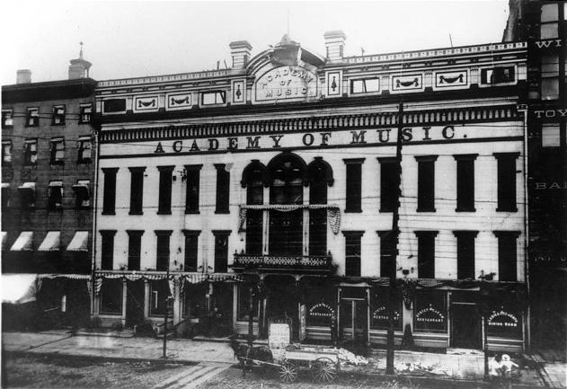 A view of the façade of the Academy of Music on Bank (West 6th Street), ca. 1880s. WRHS.