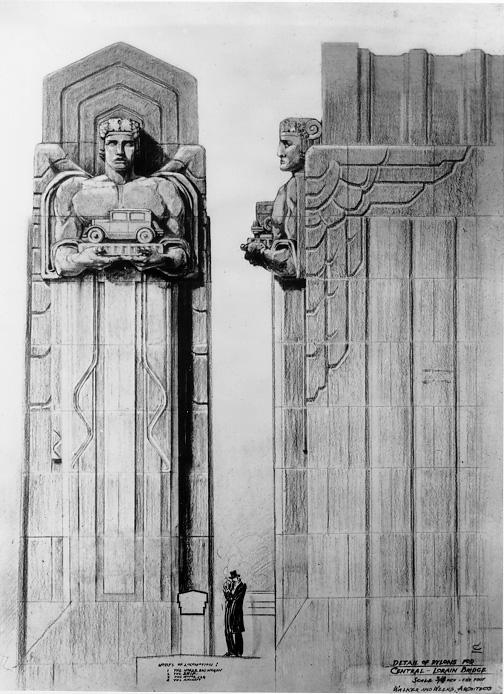 An elevation drawing of the pylons for the Lorain-Carnegie (Hope Memorial) Bridge, ca. 1929, designed by Walker and Weeks. WRHS.