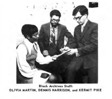 Staff of the Black History Archives at Western Reserve Historical Society in 1970. OLIVIA MARTIN, DENNIS HARRISON, and KERMIT PIKE