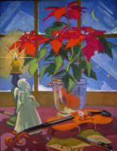 Still-life painting of a Christmas poinsettia by James Charles Kulhanek done in gauche, 1967