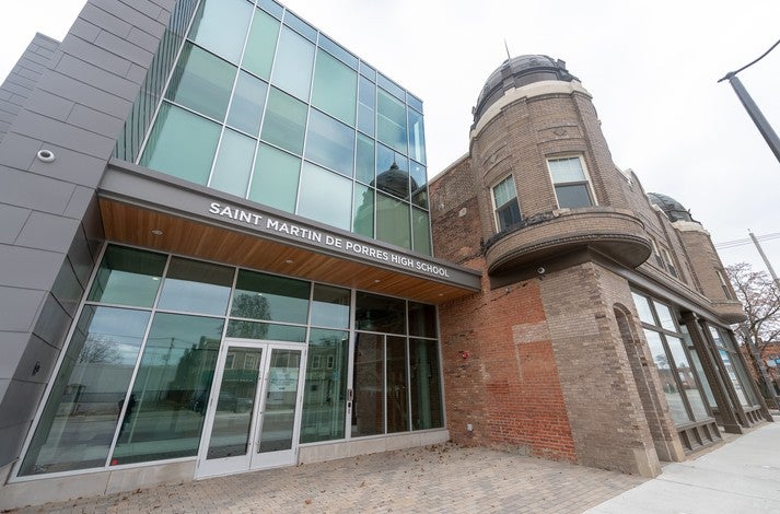 Modern wing of the St. Martin DePorres High School attached to the 1909 building that was formerly the Kausek Department Store
