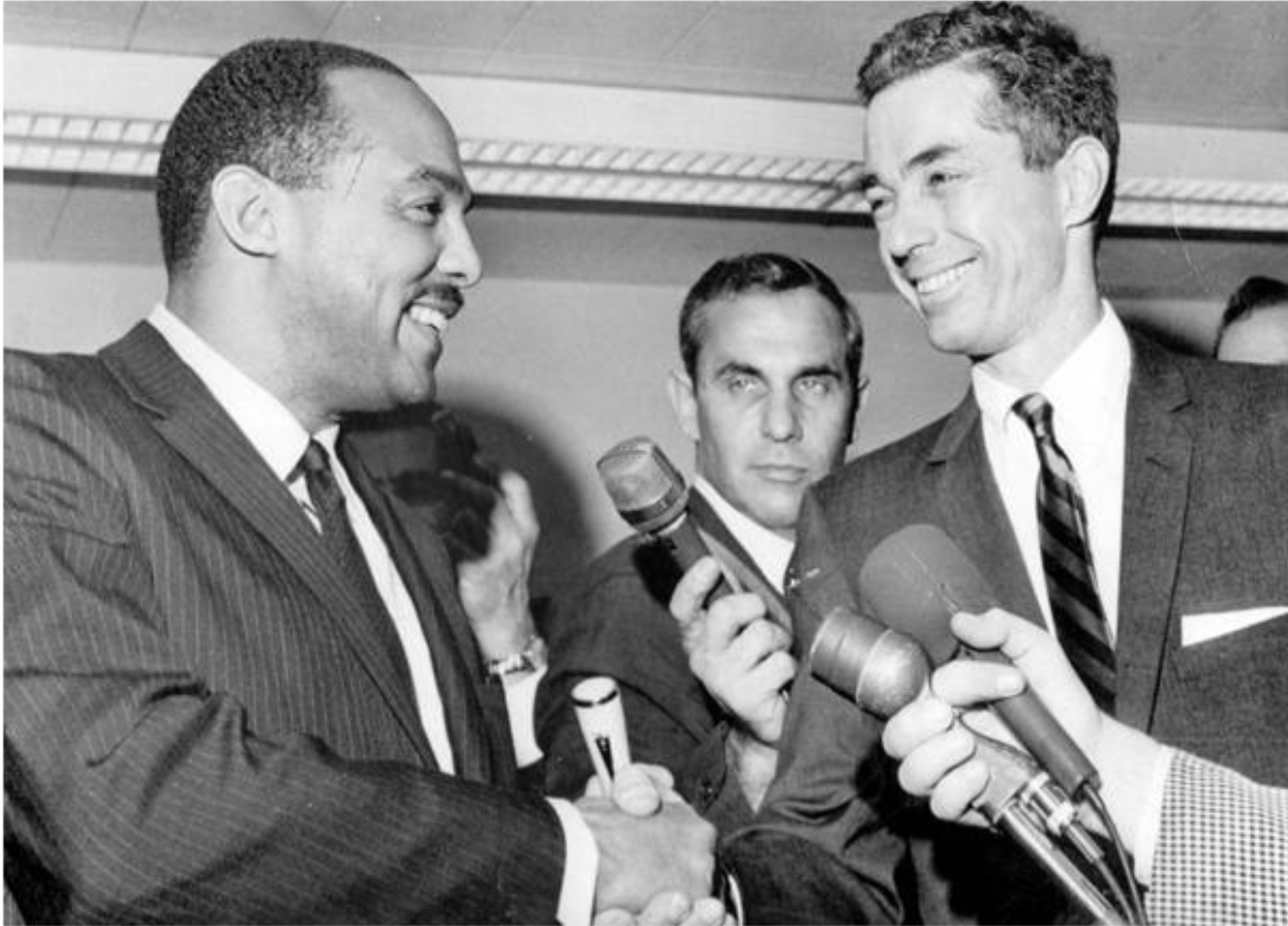 Republican candidate Seth Taft (on the right) congratulates Mayor Carl B. Stokes at the Election Board, 17 Nov. 1967