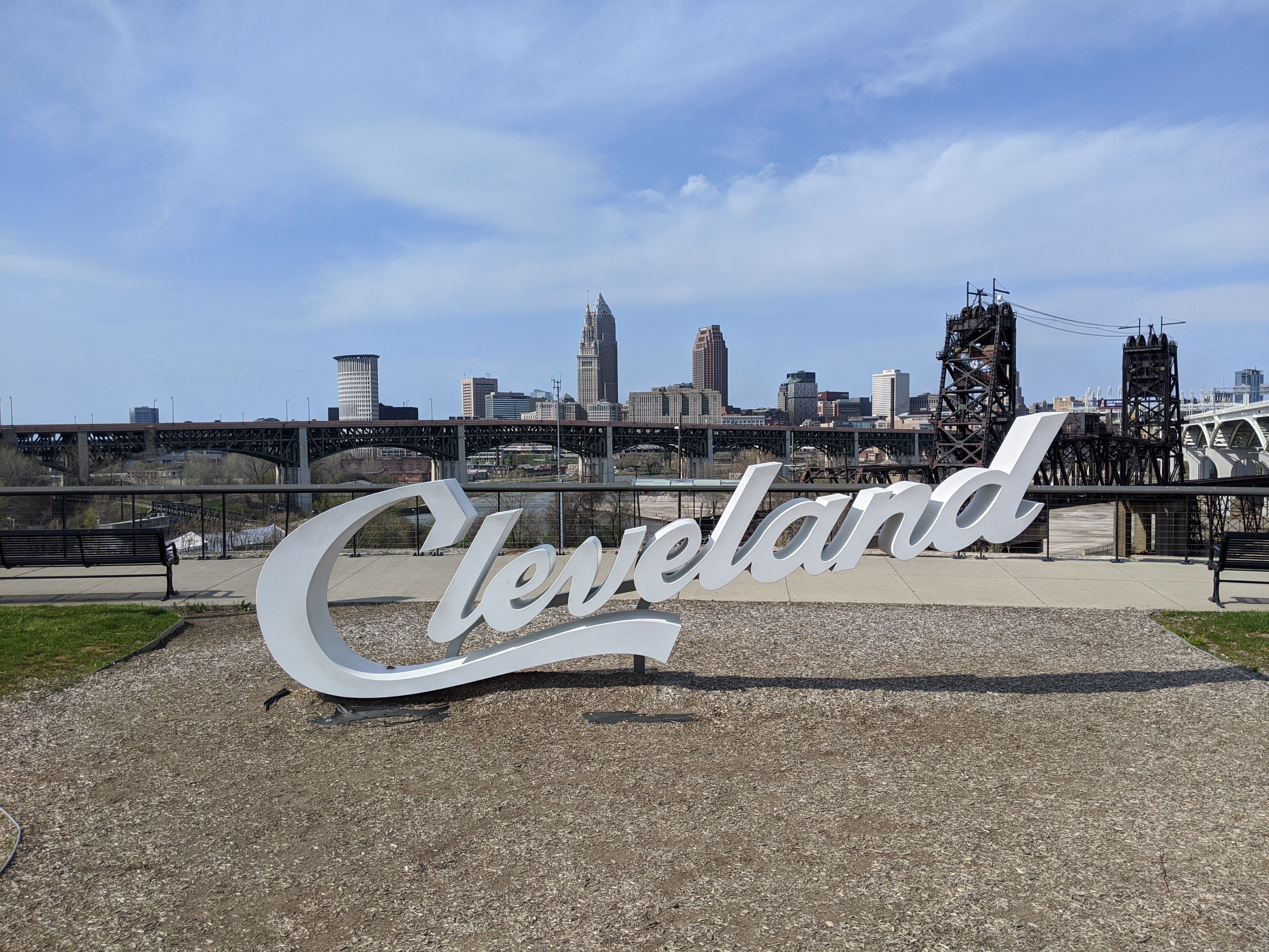 Cleveland script sign in Tremont with the Cleveland skyline in the background. Picture taken on May 2, 2020 by Katie Kuckelheim.