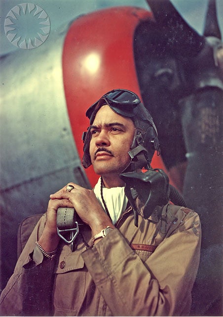 Benjamin O. Davis, African American Aviator & Tuskegee Airman, in front of P-47