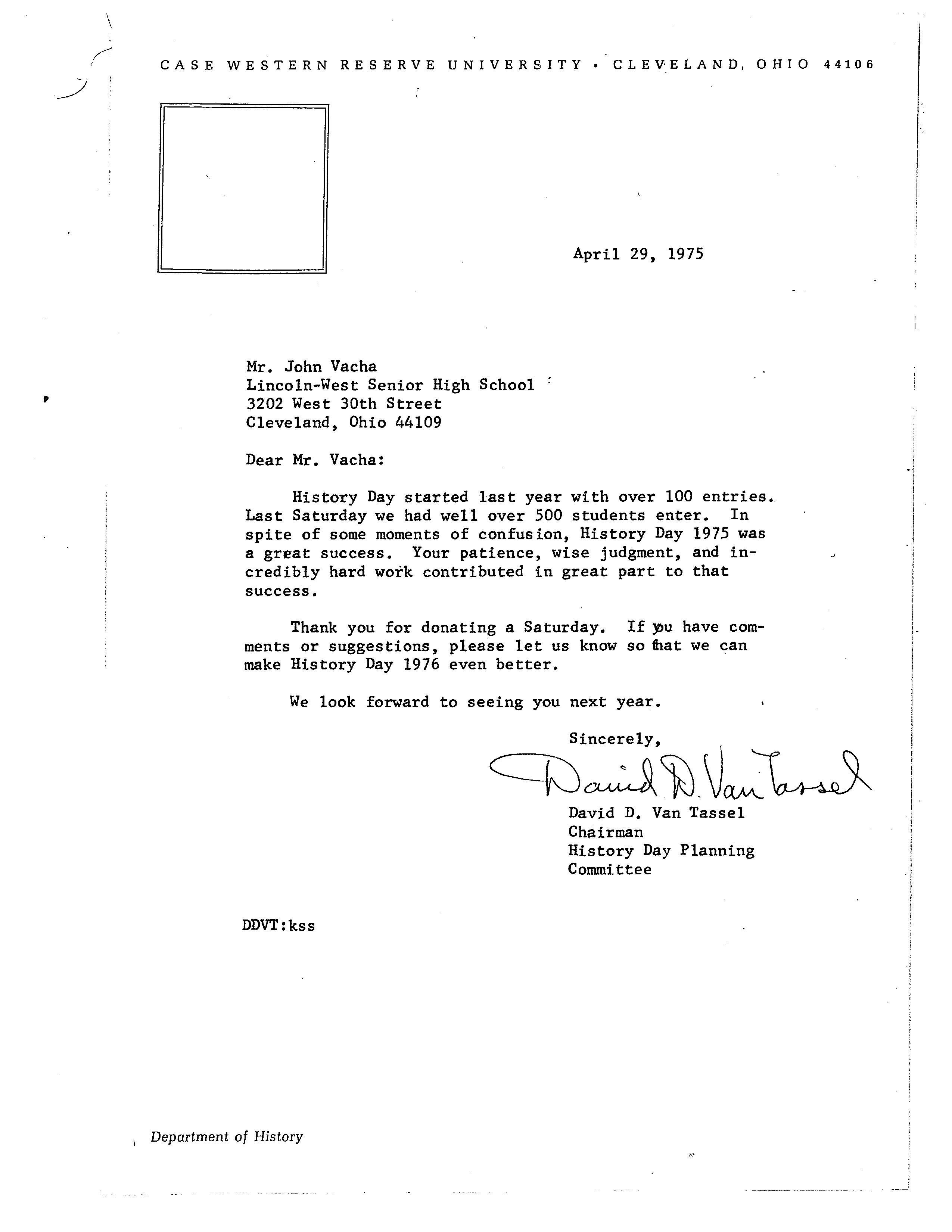 A letter from David Van Tassel to John Vacha