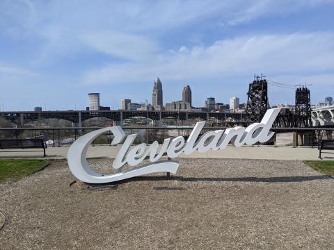Cleveland script sign in Tremont with the Cleveland skyline in the background. Picture taken on May 2, 2020 by Katie Kuckelheim.