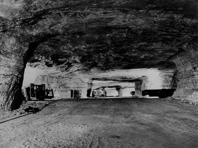 An interior view of the International Salt Co. (now Akzo-Nobel) mine underneath Whiskey Island, 1966. CPL.