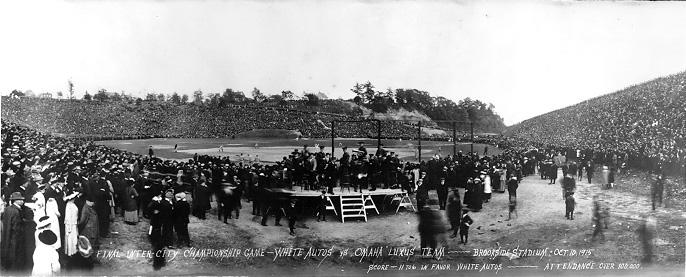 A view from behind home plate shows a crowd of over 100,000 watching the intercity championship baseball game between White Auto and Omaha "Luxus" teams at Brookside Park Stadium, 10 Oct. 1915.  WRHS