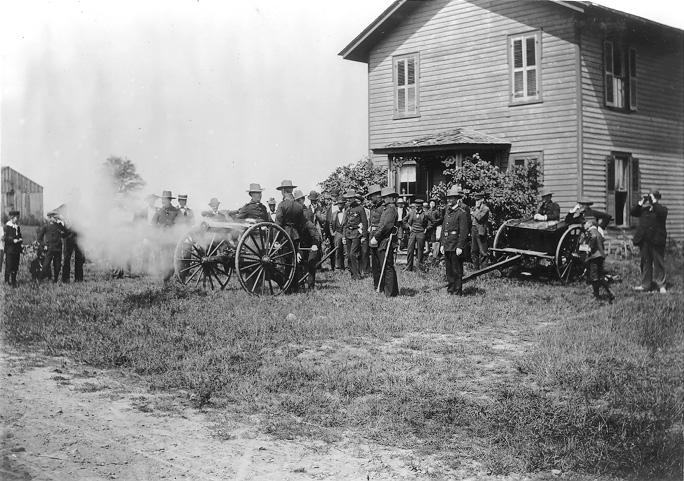 Members of the Cleveland Gatling Gun Battery test their weapons at Lake Chatauqua, ca. 1895. WRHS