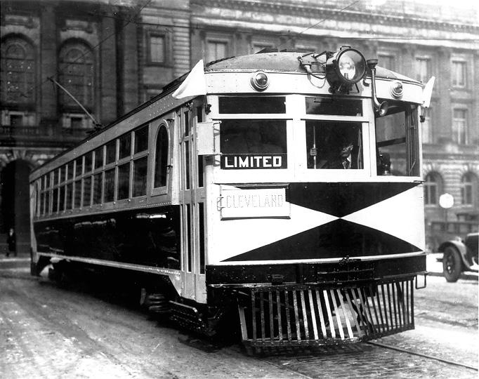 A passenger car of the Cleveland, Southwestern, & Columbus Interurban Railway, arrives in Cleveland ca. 1920. WRHS